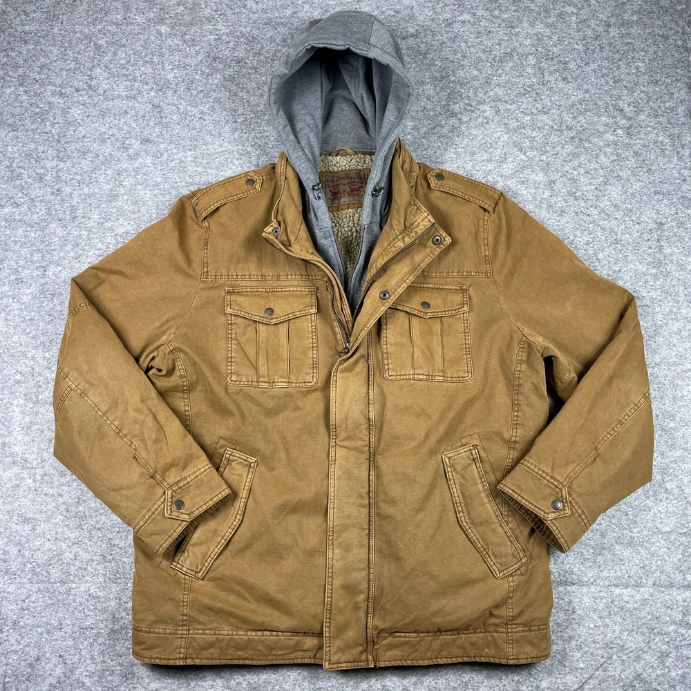 Levis Field Jacket Mens XXL Brown Sherpa Lined Hooded Heavy Utility Barn Coat